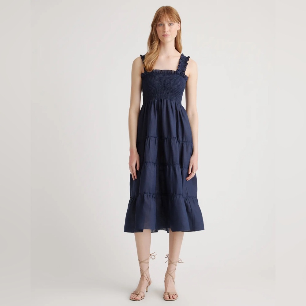100% European Linen Smocked Midi Dress in Navy